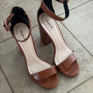 Qupid Tan Croc-Embossed Block Heels
